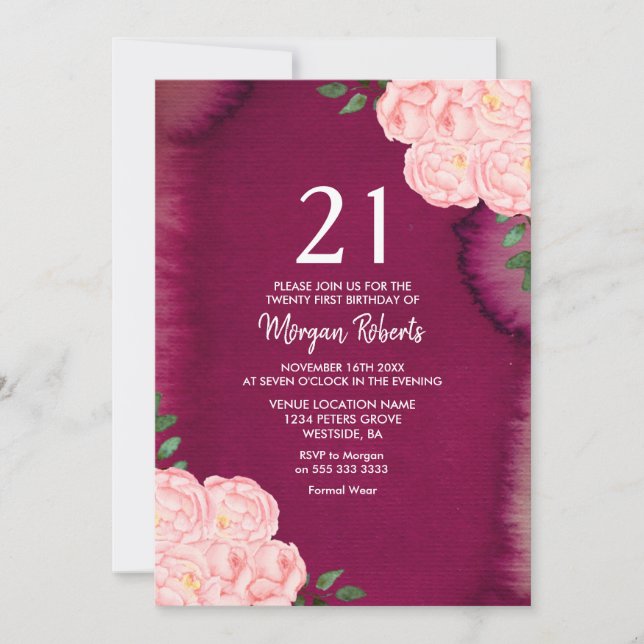 Pink Rose Burgundy Purple 21st Birthday Invite (Front)