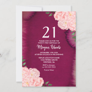 Pink Rose Burgundy Purple 21st Birthday Invite