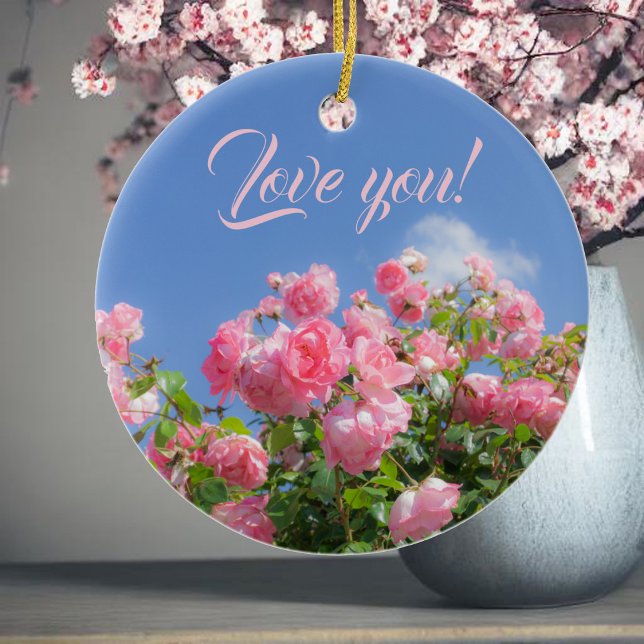 Pink rose bush under blue sky, custom  ceramic tree decoration (Creator Uploaded)