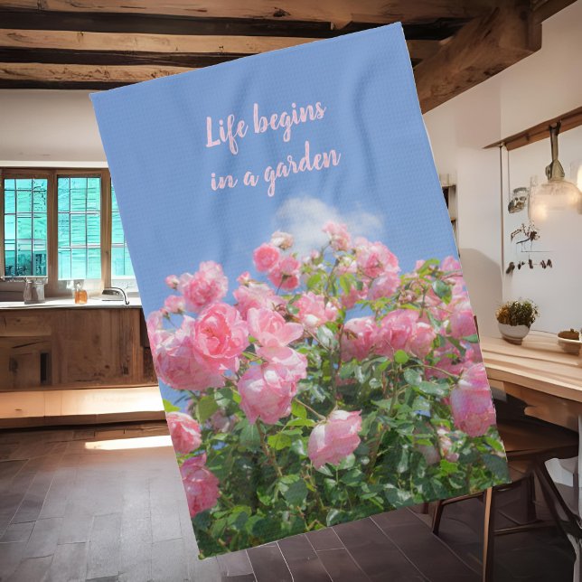 Pink rose bush under blue sky, custom  tea towel (Creator Uploaded)