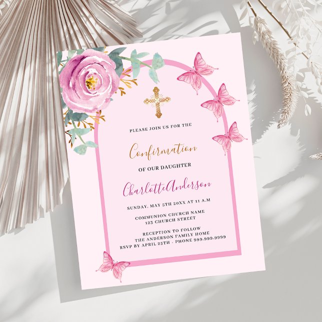 Pink rose butterflies arch Confirmation invitation (Creator Uploaded)
