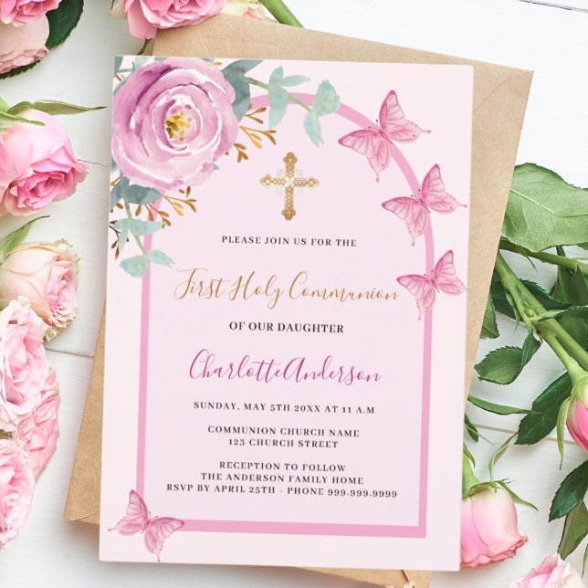 Pink rose butterflies arch First Holy Communion Invitation (Creator Uploaded)