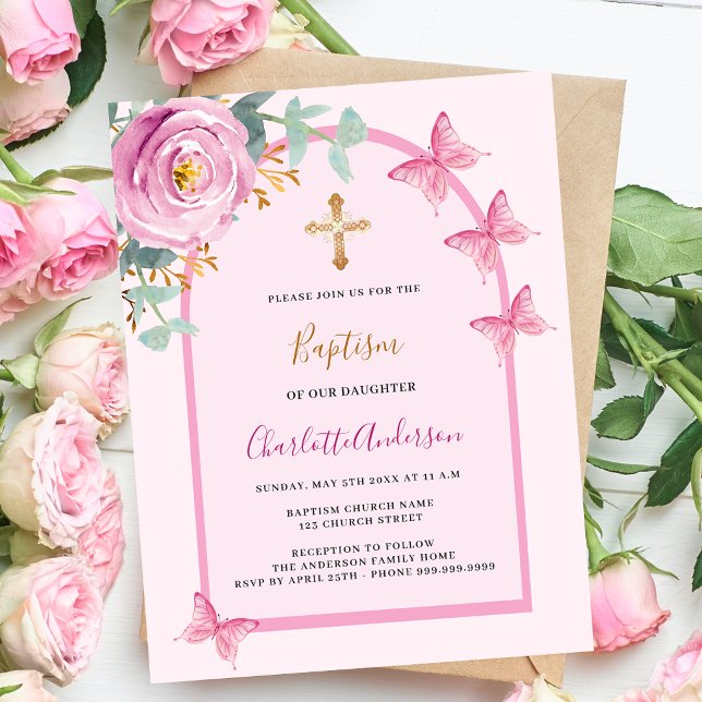 Pink rose butterflies arch girl baptism invitation (Creator Uploaded)