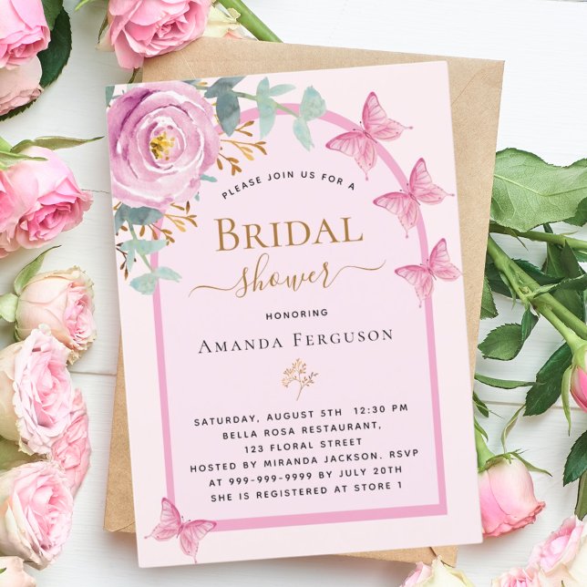 Pink rose butterflies floral arch Bridal Shower Invitation (Creator Uploaded)