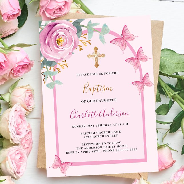 Pink rose butterflies floral greenery arch baptism invitation (Creator Uploaded)