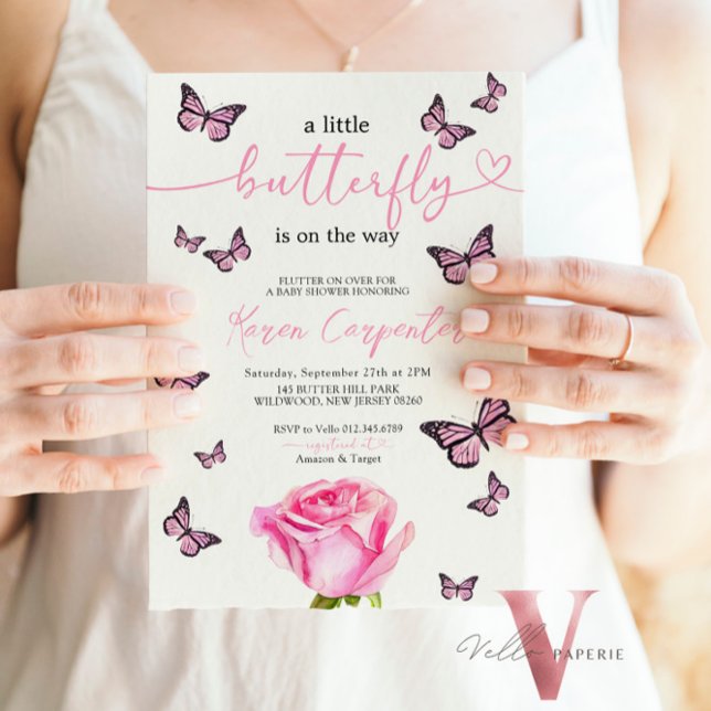 Pink Rose Butterfly Watercolor Baby Shower Invitation (Creator Uploaded)