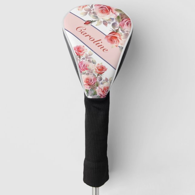 Pink Rose Cascade Personalised Lady Golf Head Cover (Front)