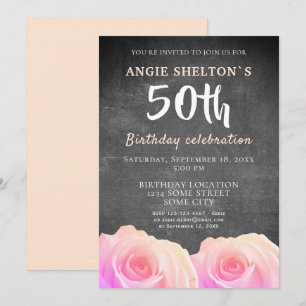 Pink Rose Chalkboard Floral 50th Birthday Party  Invitation
