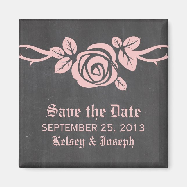 Pink Rose Chalkboard Save the Date Magnet (Front)