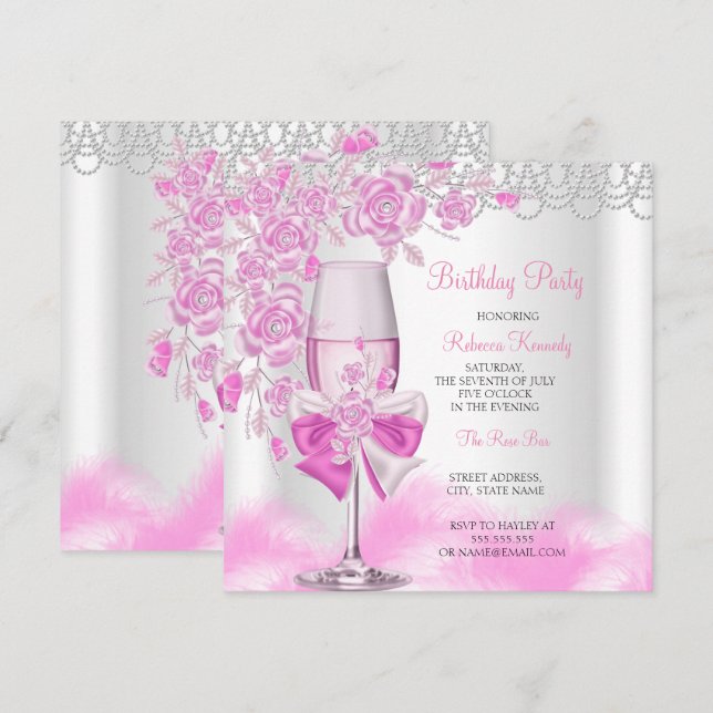 Pink Rose Champagne White Birthday Party Invitation (Front/Back)