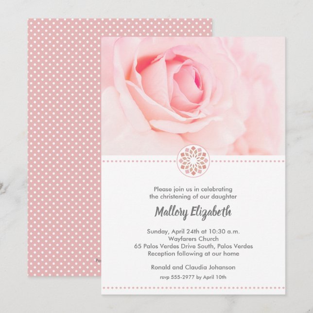 Pink Rose Christening, Baptism Invitations (Front/Back)