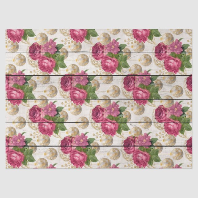 Pink Rose Christmas Ornaments on Wood Decoupage Tissue Paper (Front)