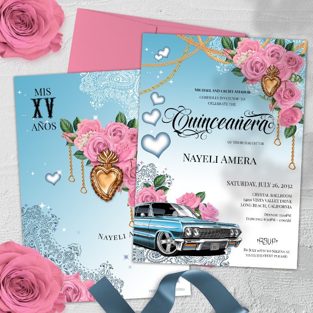 Pink Rose Classic Blue Lowrider Chola Quinceanera Invitation (Creator Uploaded)
