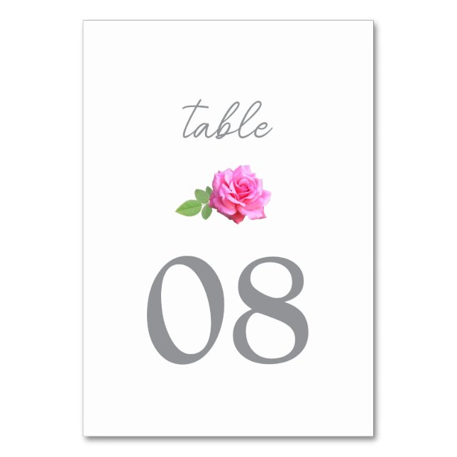Pink Rose Classic Minimalist Wedding Table Number (Front)
