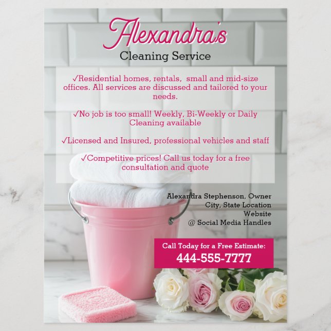 Pink Rose Cleaning Service Template Business Flyer (Front)