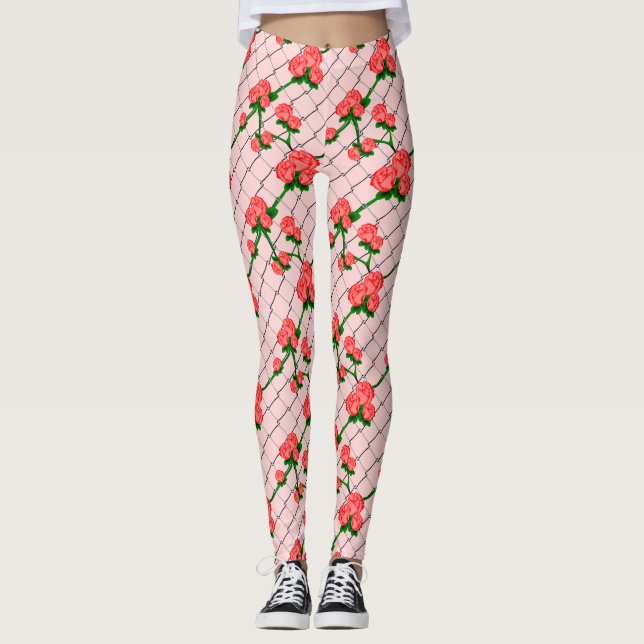 Pink Rose Climbing Chain Link Fence Leggings (Front)