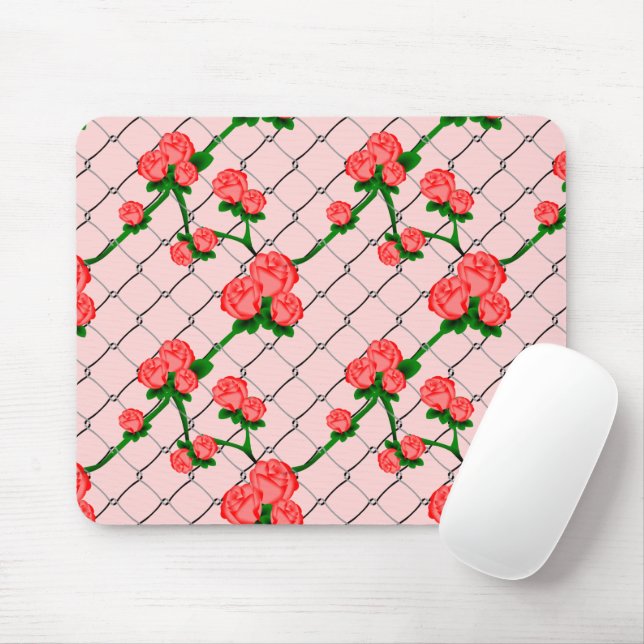 Pink Rose Climbing Chain Link Fence Seamless Patte Mouse Mat (With Mouse)