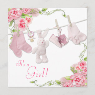 Pink Rose Clothesline Baby Girl Shower Invitations