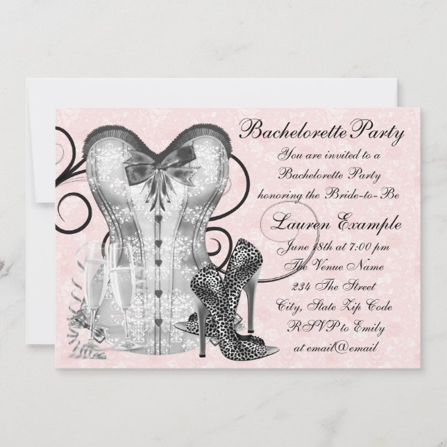 Pink Rose Corset Pink Black Bachelorette Party Invitation (Front)