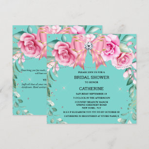 Pink rose country chic glitter bow teal glam invitation