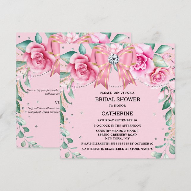 Pink rose country chic satin bow glitter glam invitation (Front/Back)