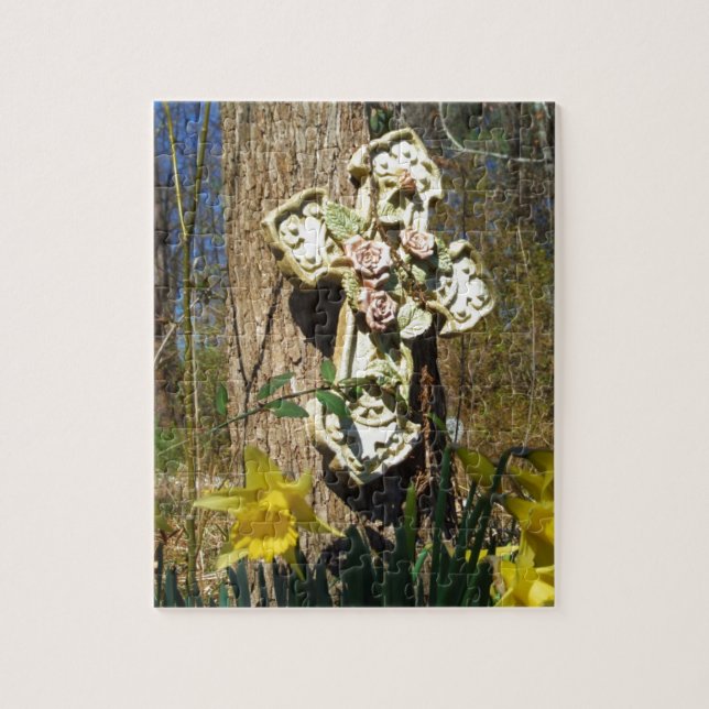 Pink rose cover cross with yellow daffodil jigsaw puzzle (Vertical)