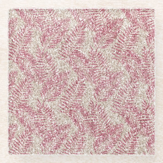 Pink Rose Cream Glitter Glitz Tropical Leaves      Glass Coaster (Front)