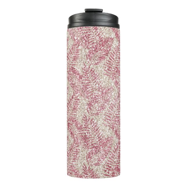 Pink Rose Cream Glitter Glitz Tropical Leaves  Thermal Tumbler (Front)