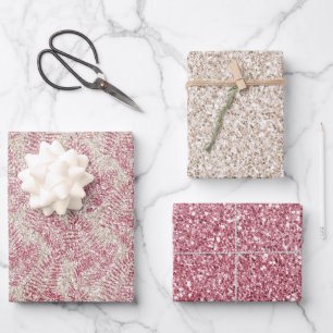 Pink Rose Cream Glitter Glitz Tropical Leaves      Wrapping Paper Sheet