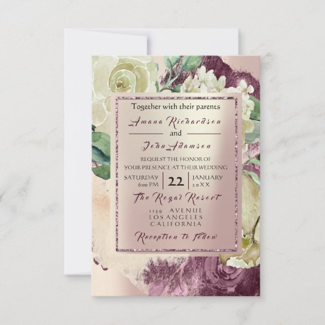 Pink Rose Creamy Marsala  Floral Blush Wedding Invitation (Front)