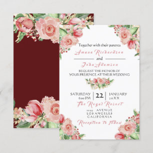 Pink Rose Creamy Marsala Floral Roses Wedding Invitation