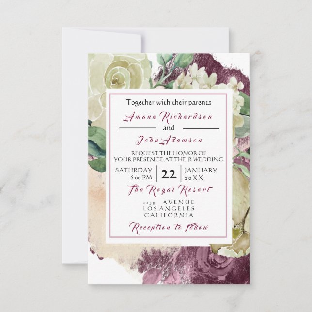 Pink Rose Creamy Marsala  Floral Roses Wedding Invitation (Front)