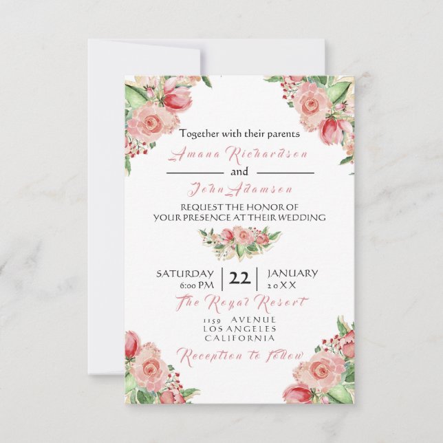 Pink Rose Creamy Painted Floral Roses Wedding Invitation (Front)