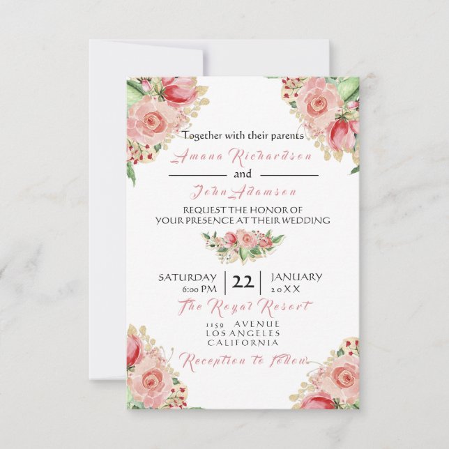 Pink Rose Creamy Painted Floral Roses Wedding Invitation (Front)