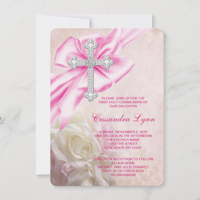 Pink Rose Cross First Communion Invitation (Front)