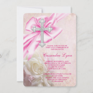 Pink Rose Cross First Communion Invitation