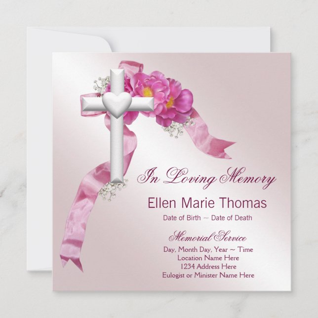Pink Rose Cross In Loving Memory Memorial Invitation (Front)