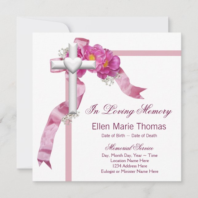 Pink Rose Cross In Loving Memory Memorial Invitation (Front)