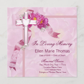Pink Rose Cross In Loving Memory Memorial Invitation