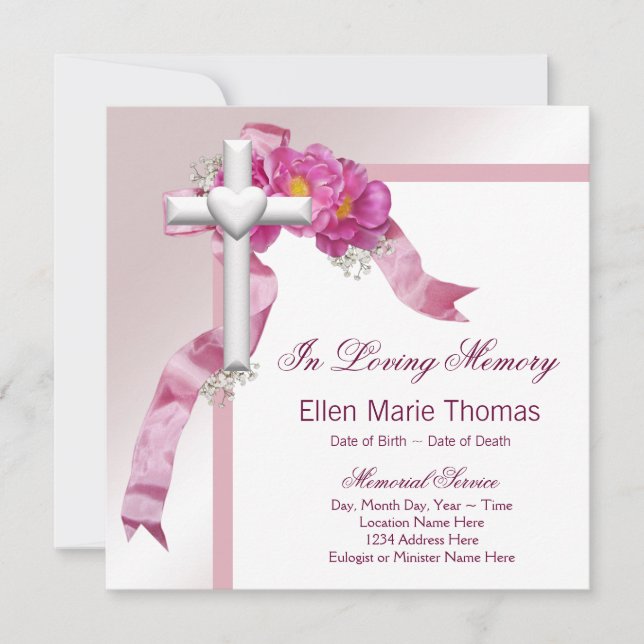 Pink Rose Cross In Loving Memory Memorial Invitation (Front)