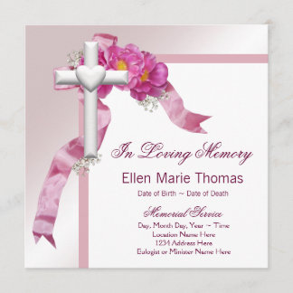 Pink Rose Cross In Loving Memory Memorial Invitation