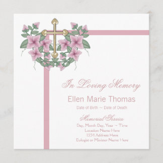 Pink Rose Cross In Loving Memory Memorial Invitation