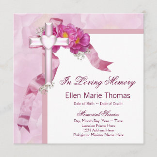 Pink Rose Cross In Loving Memory Memorial Invitation