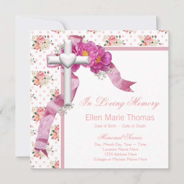 Pink Rose Cross In Loving Memory Memorial Invitation (Front)