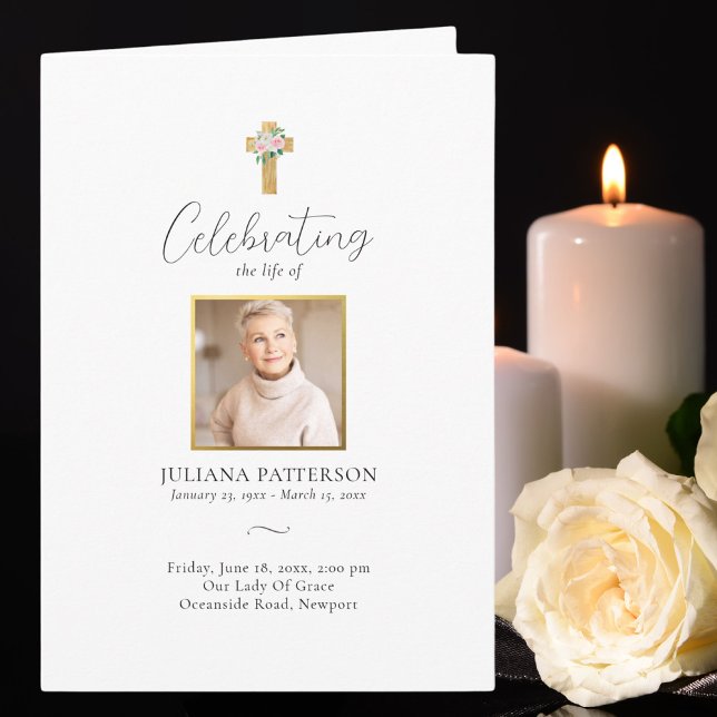 Pink Rose Cross Photos Funeral Order of Service Programme (Creator Uploaded)