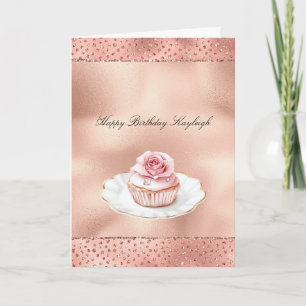 Pink Rose Cupcake Gold Glam Glitter Birthday Card