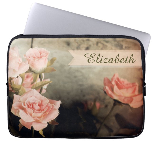 Pink Rose Custom Name Laptop Sleeve (Front)