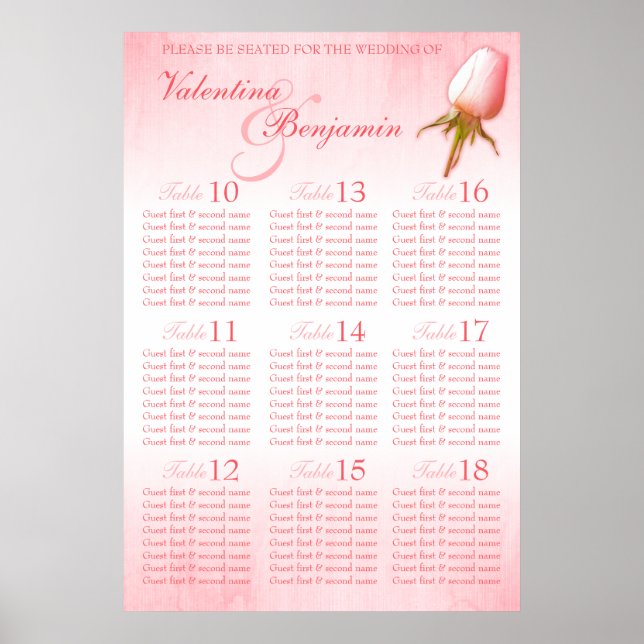 Pink Rose Custom Wedding Seating Table Plan 10-18 Poster (Front)