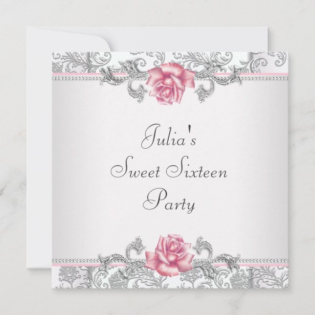 Pink Rose Damask Pretty Pink Sweet Sixteen Party Invitation (Front)