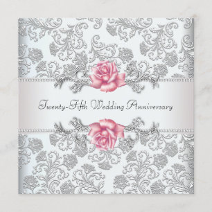 Pink Rose Damask Silver 25th Wedding Anniversary Invitation
